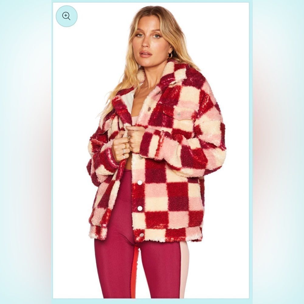 NWT Beach Riot Laurie Jacket Pink Berry Sangria Check Sherpa Button Up Sz M - Picture 3 of 11